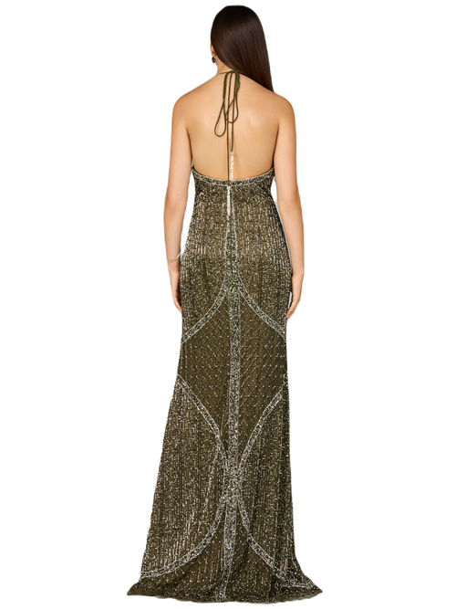 Lara New York Symmetrical Halter Neck Beaded Gown In Olive
