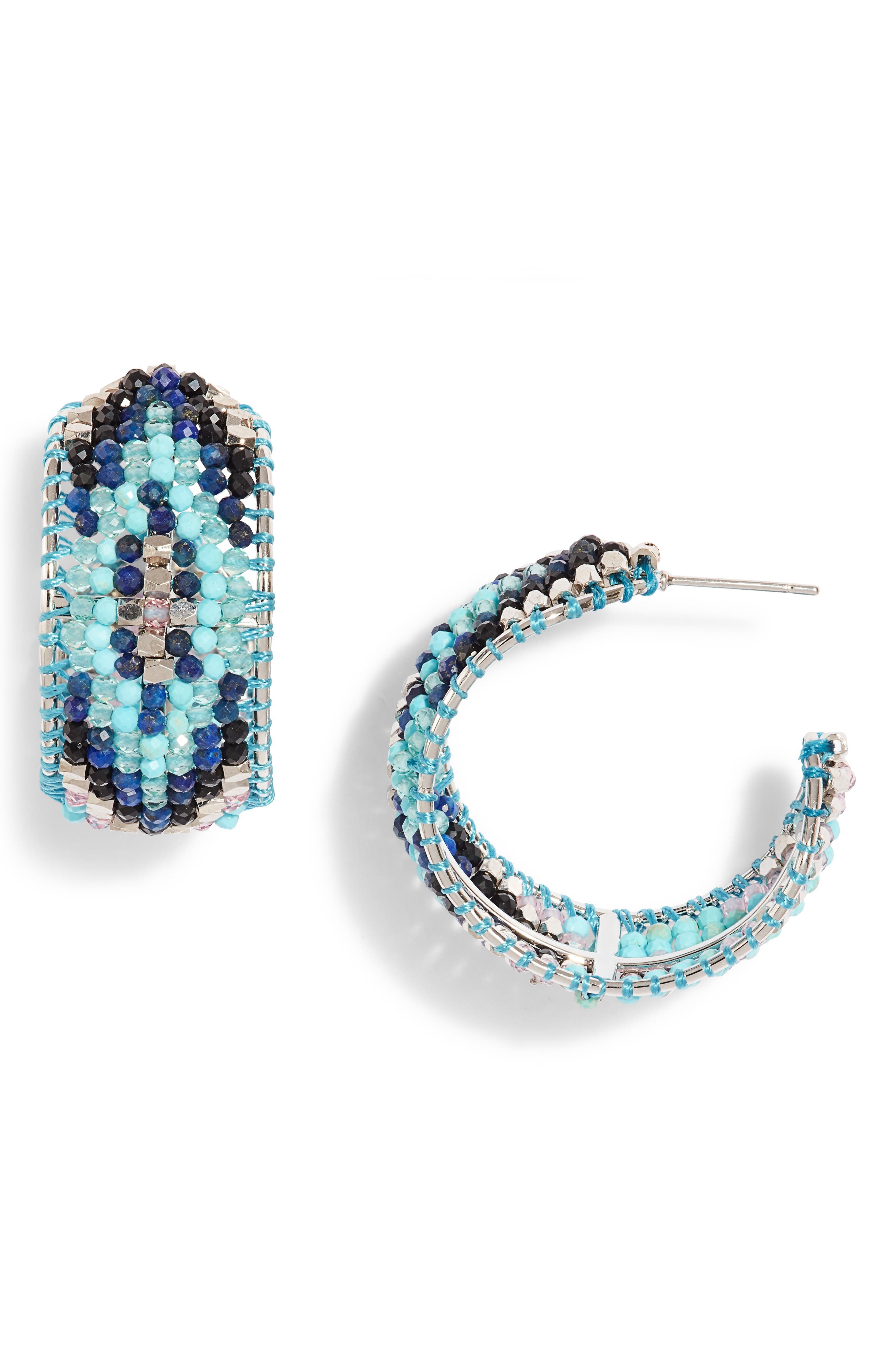 Blue & Green Colored Metal Hoop-Earrings With Bead Accents #LQE4218