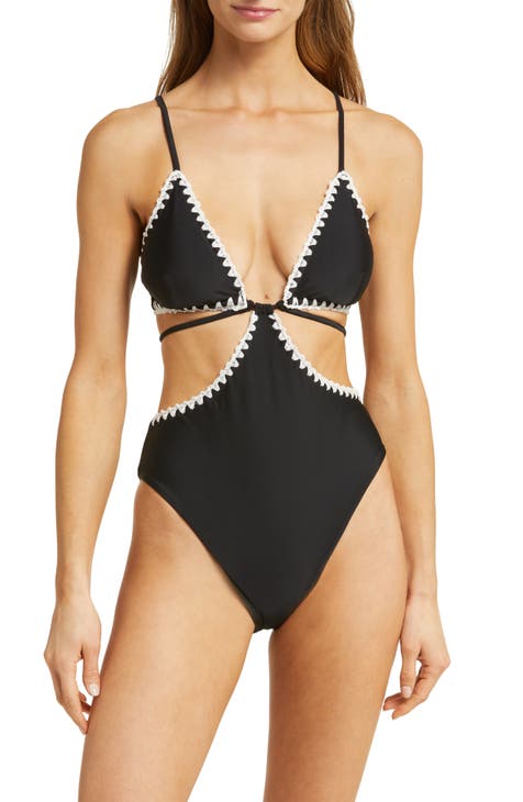 Black Yellow Padded Lace Up Keyhole One Piece Swimsuit - Hot Miami Styles