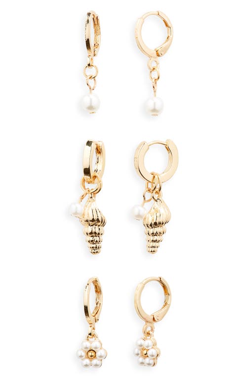 Set of 3 Imitation Pearl Shell Huggie Hoop Earrings in Gold
