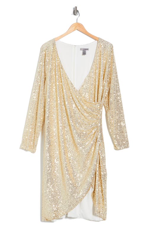 Shop By Design Frances Sequin Side Ruched Wrap Mini Dress In Gold/ivory