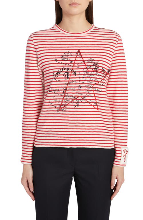 Golden Goose Embroidered Star Stripe Cotton & Linen T-shirt In Ecru/tango Red