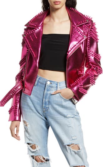 Pink Metallic Bomber Studded Biker Jacket