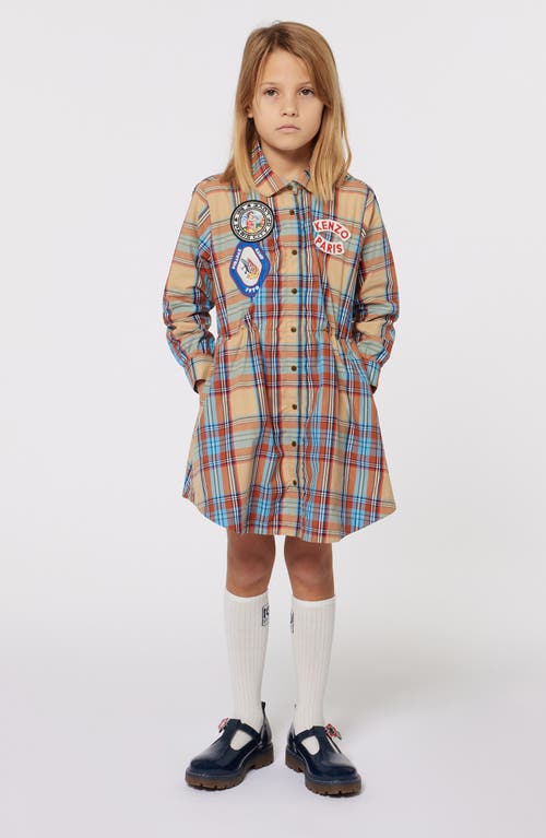 Shop Kenzo Kids' Long Sleeve Plaid Cotton Shirtdress In Sand