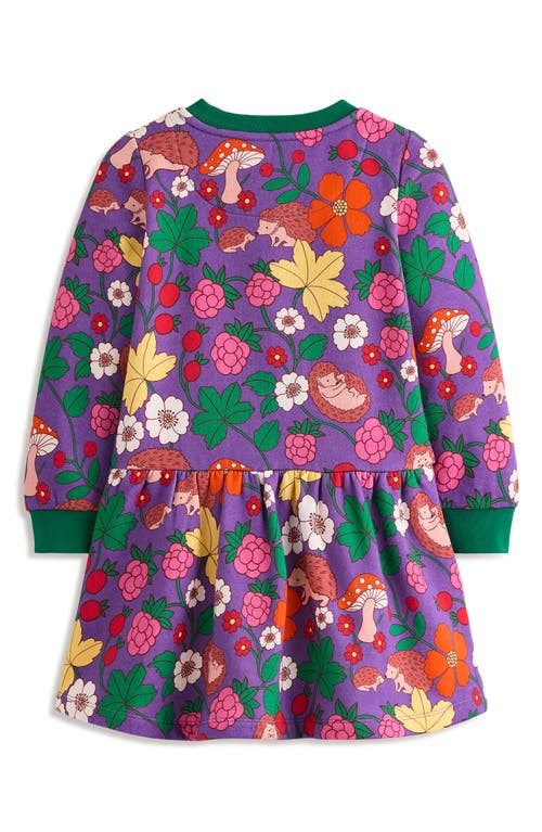 Shop Mini Boden Kids' Floral Long Sleeve Sweatshirt Dress In Purple Topaz Hedgehogs