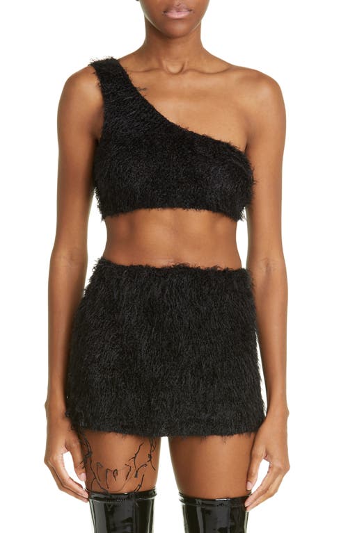 CAFE FORGOT x Shawna Wu Petals One-Shoulder Feather Chenille Crop Sweater in Black