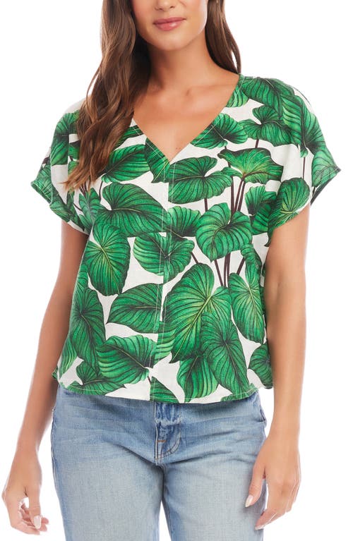 Karen Kane Leaf Print Dolman Sleeve Linen Top Green at Nordstrom,