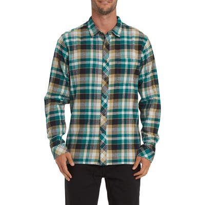 Billabong Coastline Plaid Flannel Button-Up Shirt, Green