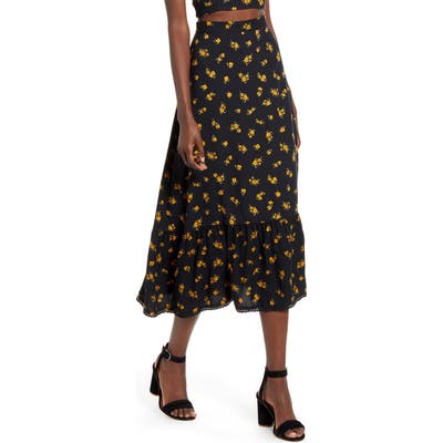 Ten Sixty Sherman Floral Ruffle Hem Midi Skirt, Black