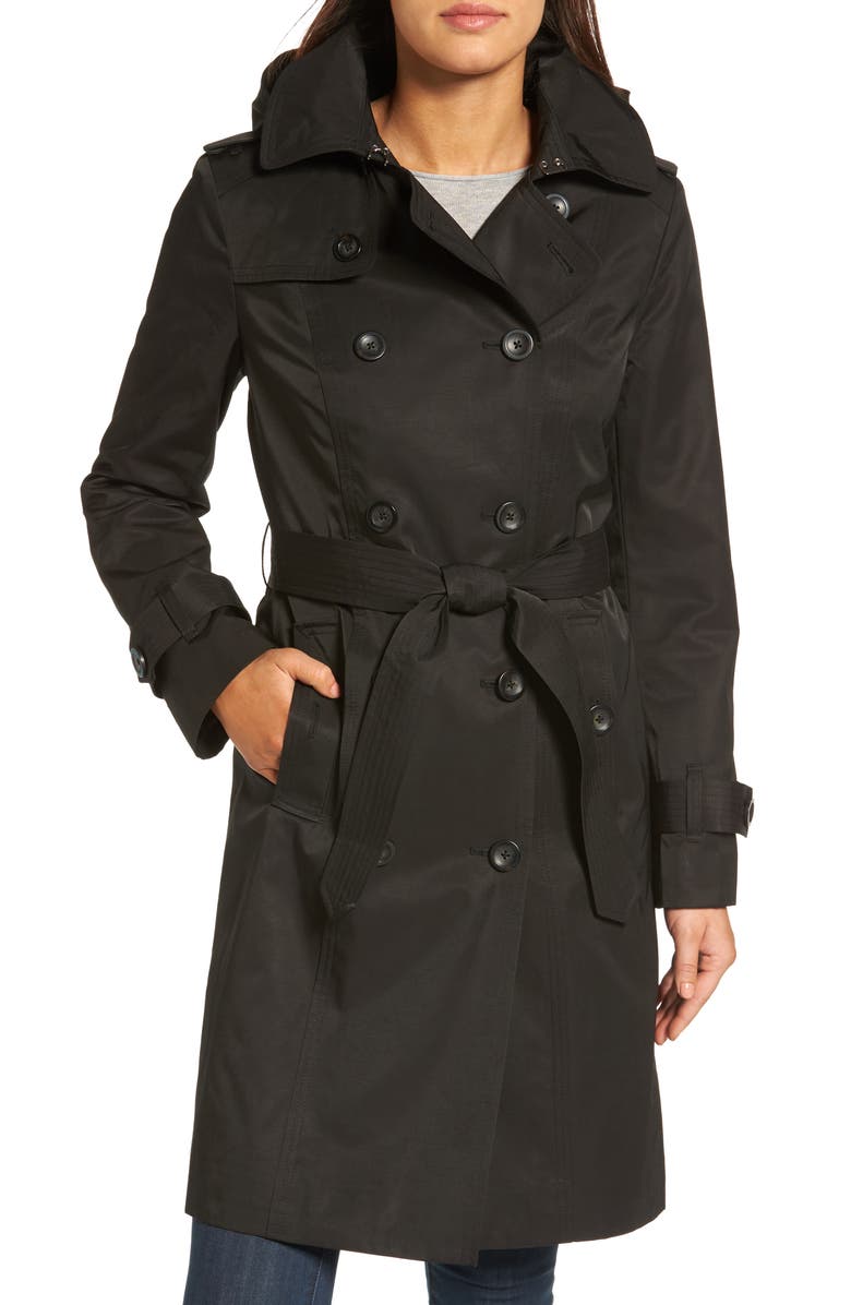 London Fog Hooded Double Breasted Long Trench Coat | Nordstrom
