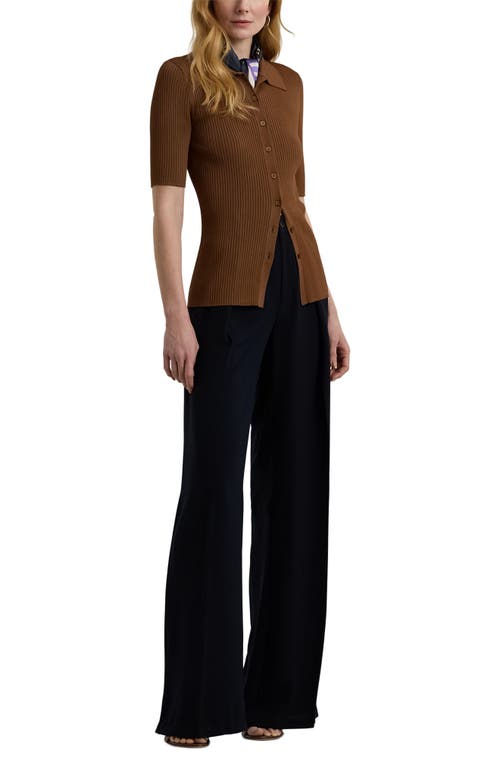 Shop Lauren Ralph Lauren Rib Knit Elbow Sleeve Polo Cardigan In Dark Terracotta