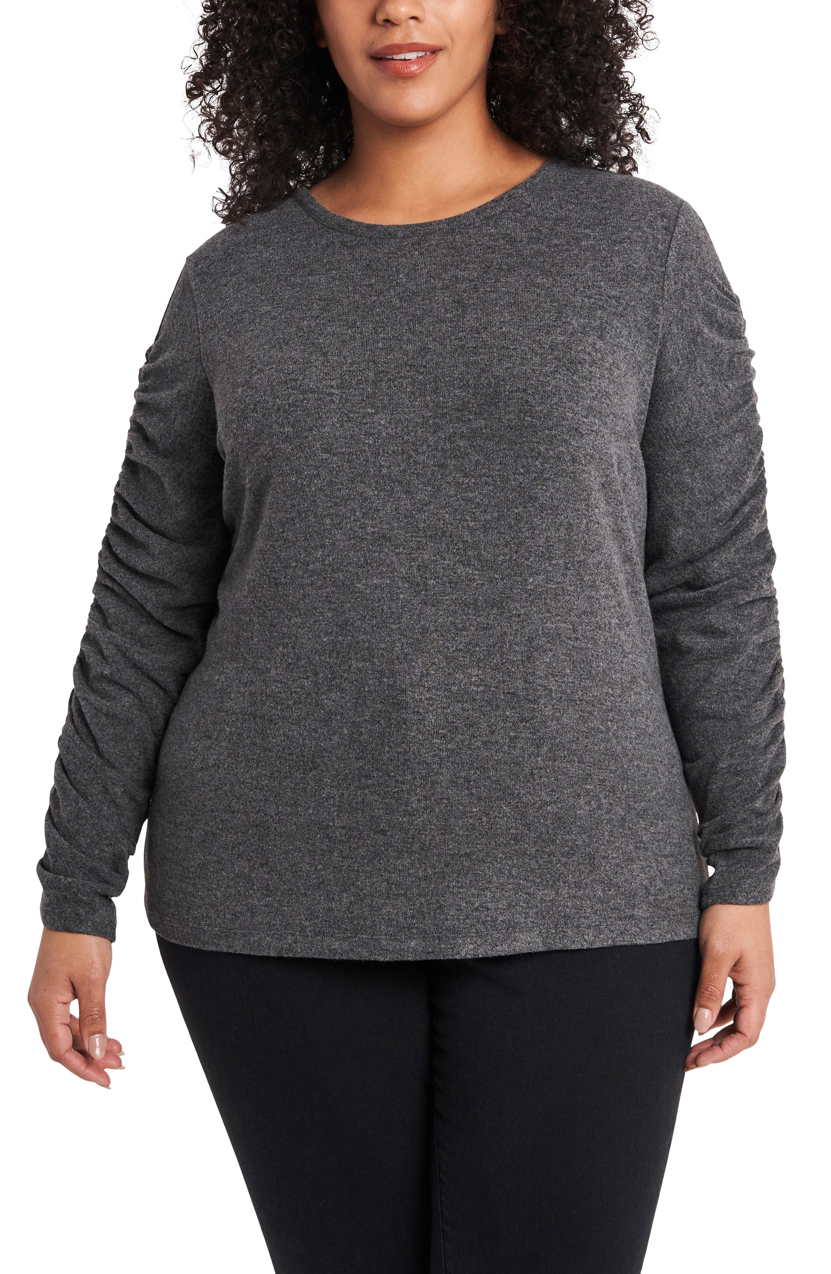 1.state Ruched Sleeve Knit Top In Medium Heather Grey