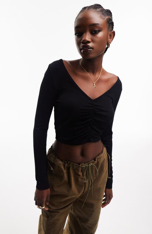 ASOS DESIGN V-Neck Long Sleeve Crop Top in Black