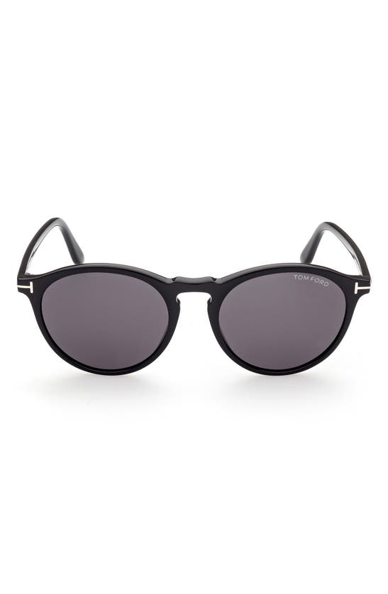 Tom Ford 52mm Polarized Round Sunglasses In Shiny Black/ Smoke