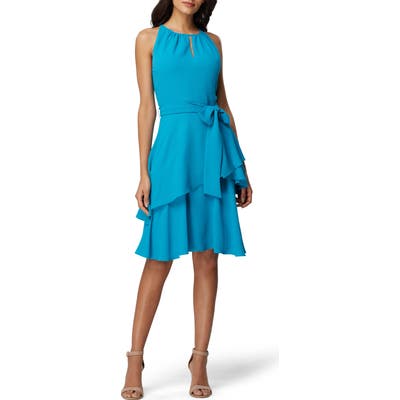 Tahari Hilton Tiered Ruffle Sleeveless Crepe Dress