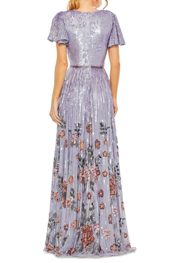 Shop Mac Duggal Sequin Floral Flutter Sleeve Gown In Lilac