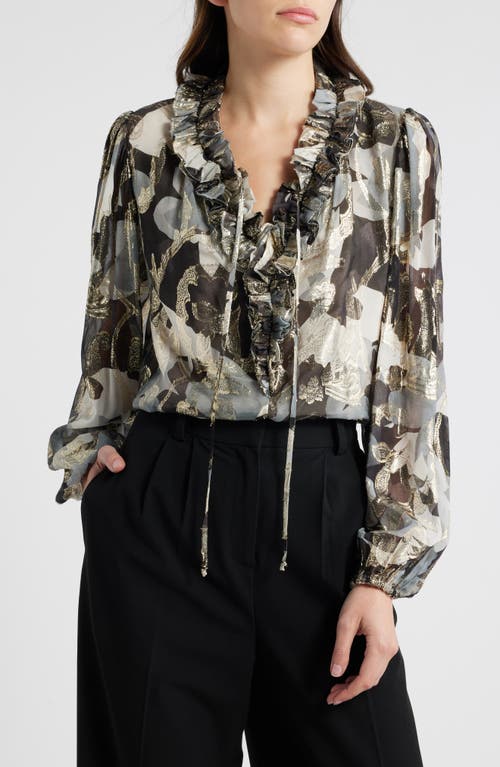 KOBI HALPERIN Boden Metallic Floral Tie Neck Silk Blend Top in Graphite M 