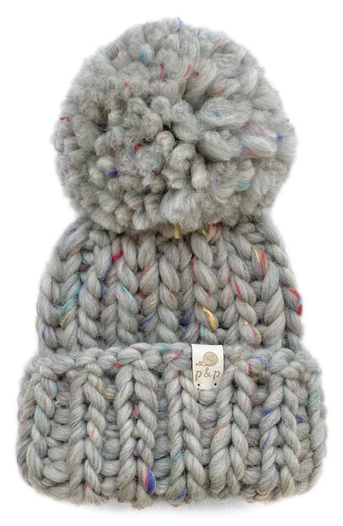 PINE + POPPY Denali Wool Blend Pompom Hat in Grey With Confetti Flecks
