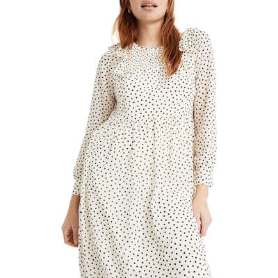 Madewell Smocked Ruffle Shoulder Long Sleeve Midi Dress, Ivory