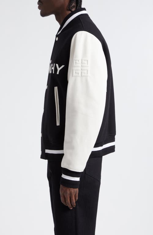 Shop Givenchy Embroidered Logo Mixed Media Leather & Wool Blend Varsity Jacket In Black/white