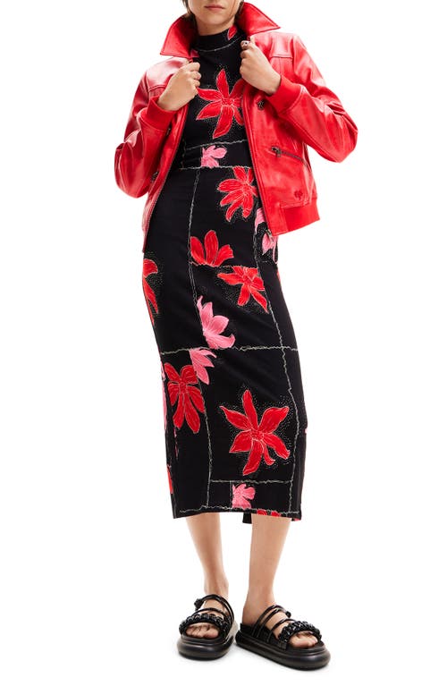 Desigual Floral Ribbed Midi Dress Red at Nordstrom,