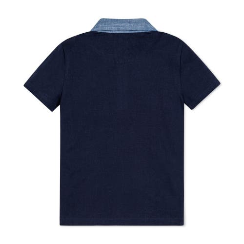 Shop Hope & Henry Baby Boys' Organic Jersey Polo With Chambray, Infant In Navy With Chambray Trim