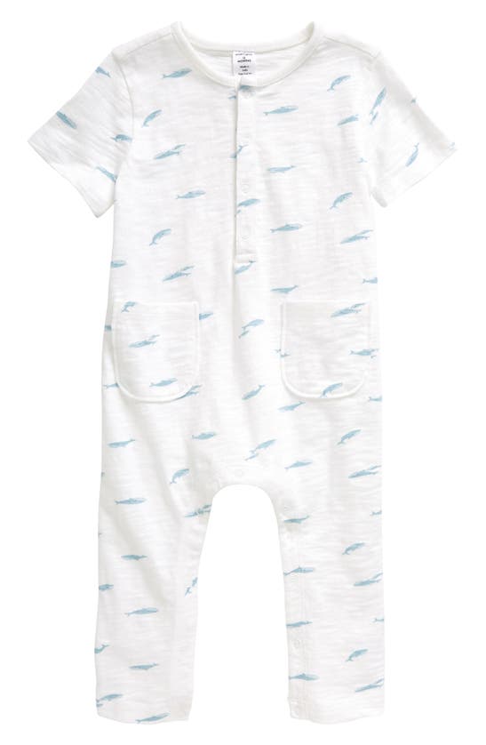 Nordstrom Babies' Print Short Sleeve Cotton Henley Romper In White- Blue Whale Friends