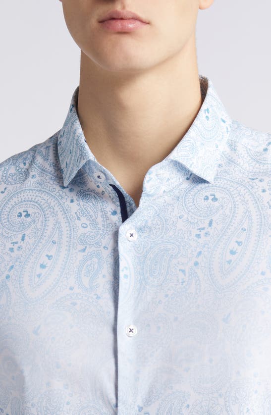 Shop Stone Rose Paisley Short Sleeve Trim Fit Button-up Shirt In Light Blue