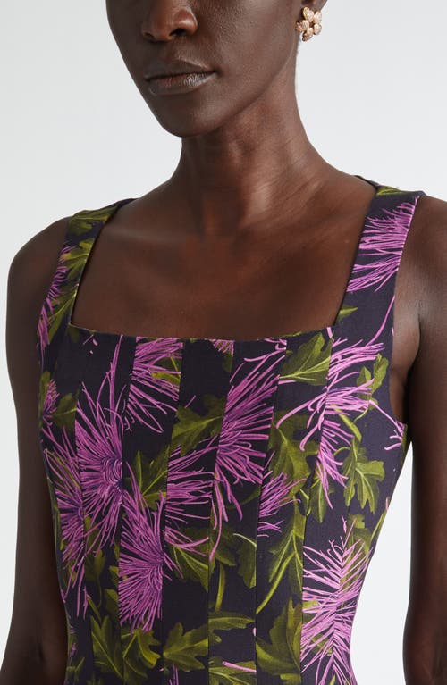 Shop Oscar De La Renta Chrysanthemum Print Paneled Midi Dress In Purple/navy