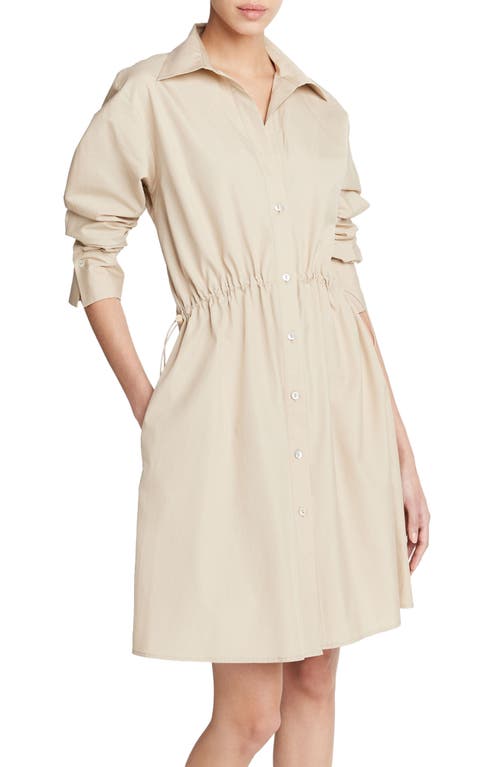 Vince Drawcord Ruched Cotton Poplin Mini Shirtdress In White Oak