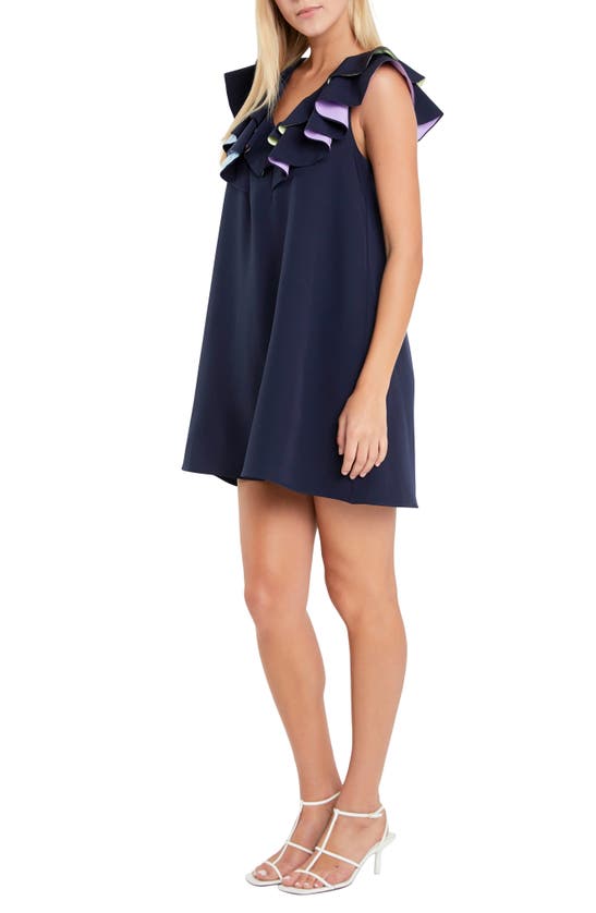 Shop English Factory Multicolor Lined Ruffle Shift Dress In Navy Multi