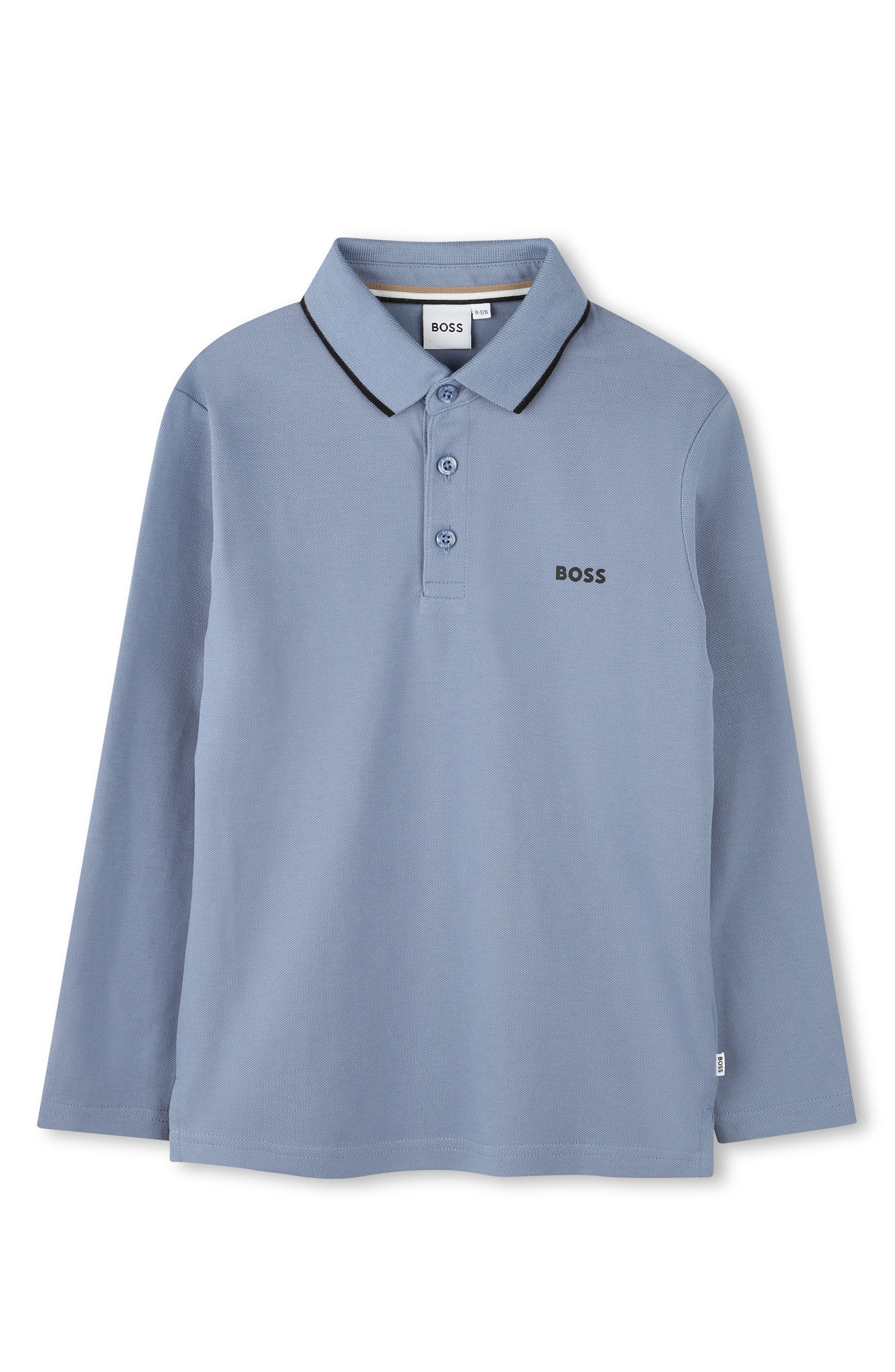 BOSS Kidswear Kids' Tipped Long Sleeve Cotton Polo in Medium Grey 