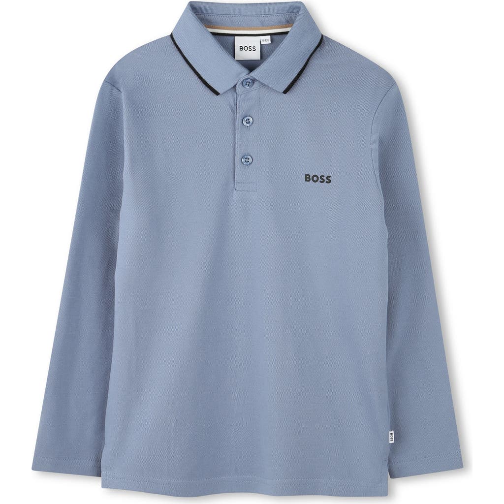 BOSS Kidswear Kids' Tipped Long Sleeve Cotton Polo in Medium Grey