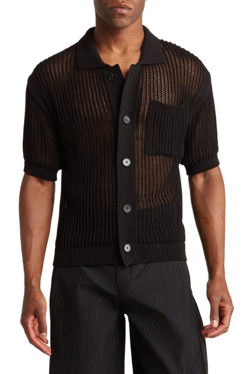 IISE Open Stitch Short Sleeve Button-Up Polo Sweater in Black