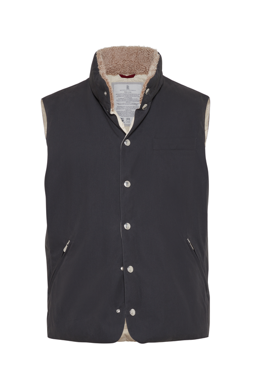 Shop Brunello Cucinelli Techno Cotton Gabardine Down Vest With Shearling Insert In Anthracite