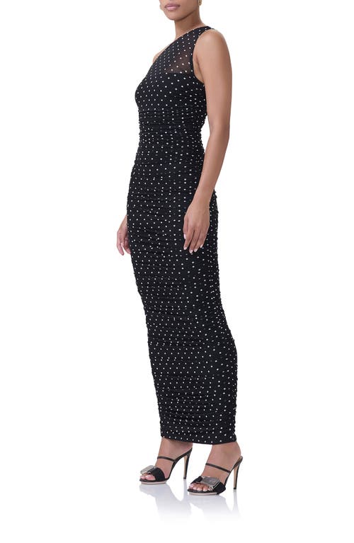 Shop Afrm Biona One-shoulder Ruched Mesh Maxi Dress In Noir Dot