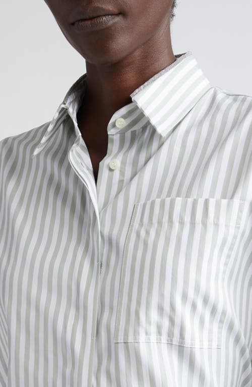 Brunello Cucinelli Striepmonili Trim Cotton & Silk Poplin Button-up Shirt In White/green