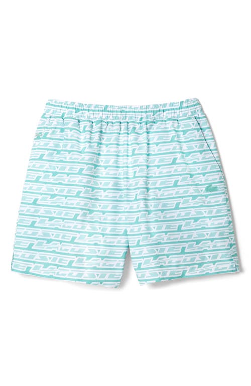 Shop Lacoste Logo Print Cotton Swim Trunks In Cr5 Florida/pastille Mint