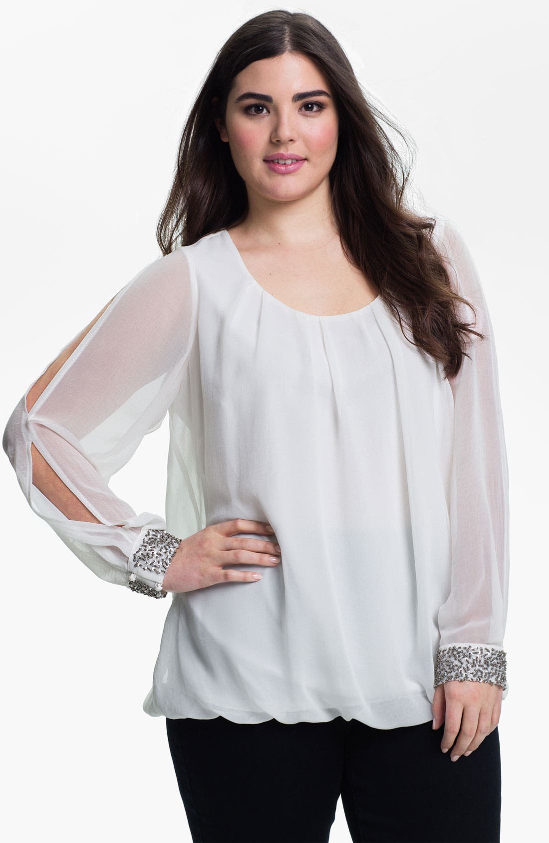 Evans Beaded Slit Sleeve Bubble Hem Blouse (Plus Size) | Nordstrom