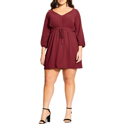 Plus Size City Chic Long Sleeve Tie Waist Tunic Dress, Burgundy