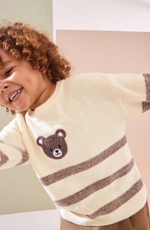 Shop Next Kids' Bear Appliqué Stripe Cotton Crewneck Sweater In Brown