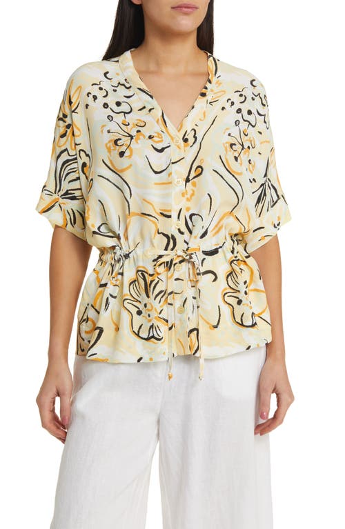 Irekana Floral Print Drawstring Waist Blouse in Straw