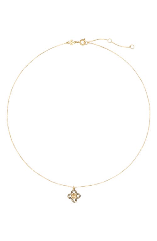 Tory Burch Kira Crystal Clover Pendant Necklace in Tory Gold /Crystal
