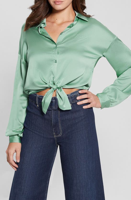 Shop Guess Jun Satin Tie Hem Button-up Shirt In Green