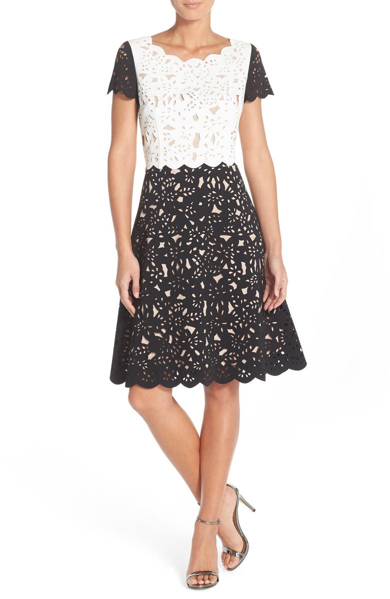 Nue by Shani Colorblock Laser Cut Crepe Fit & Flare Dress | Nordstrom