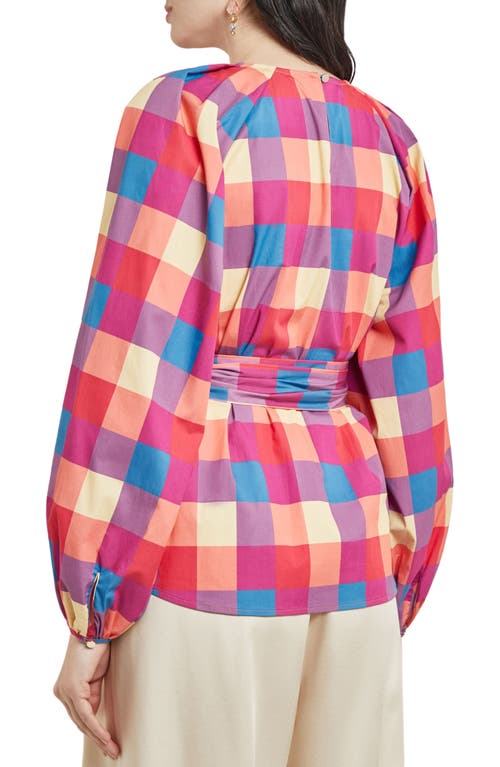 Shop Misook Check Tie Waist Shirt In Pink/blue Multi