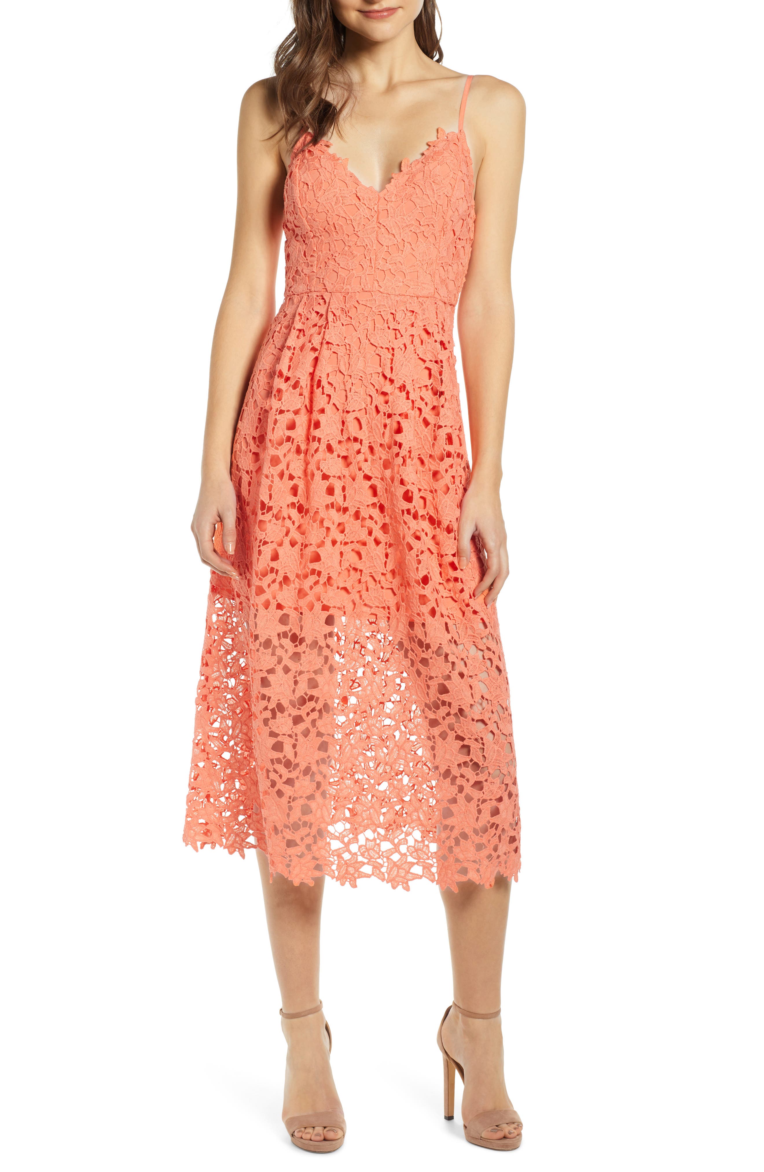 Astr The Label Lace Midi Dress, Coral