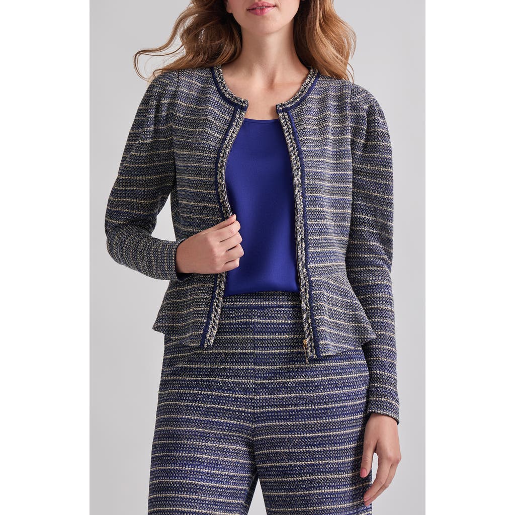 Misook Metallic Tweed Peplum Jacket In Starry Night Blue