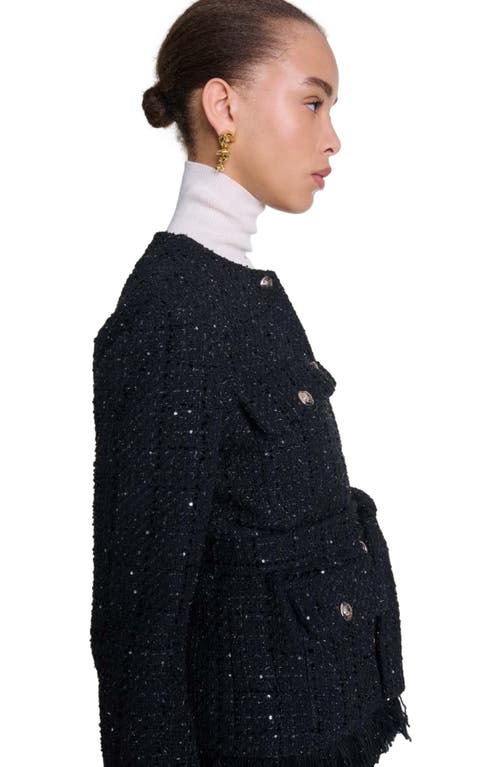 Shop Maje Sequinned Tweed Jacket In Black