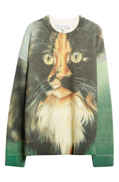 Shop Jw Anderson Cat Print Wool & Cashmere Blend Crewneck Sweater In Emerald